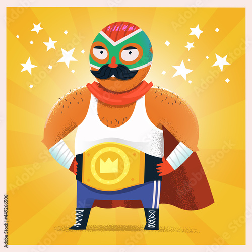 Famous Mexican character - luchador. Strong wrestler in mask with cape. Vector illustration
