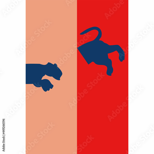 Abstract blue wild cat, animal poster on red, card, vector