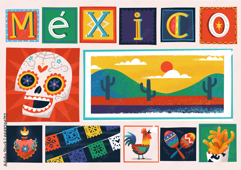 Colourful card made of blocks with illustrations of Mexican elements and characters. Each element is an illustration by itself. Vector illustration.  