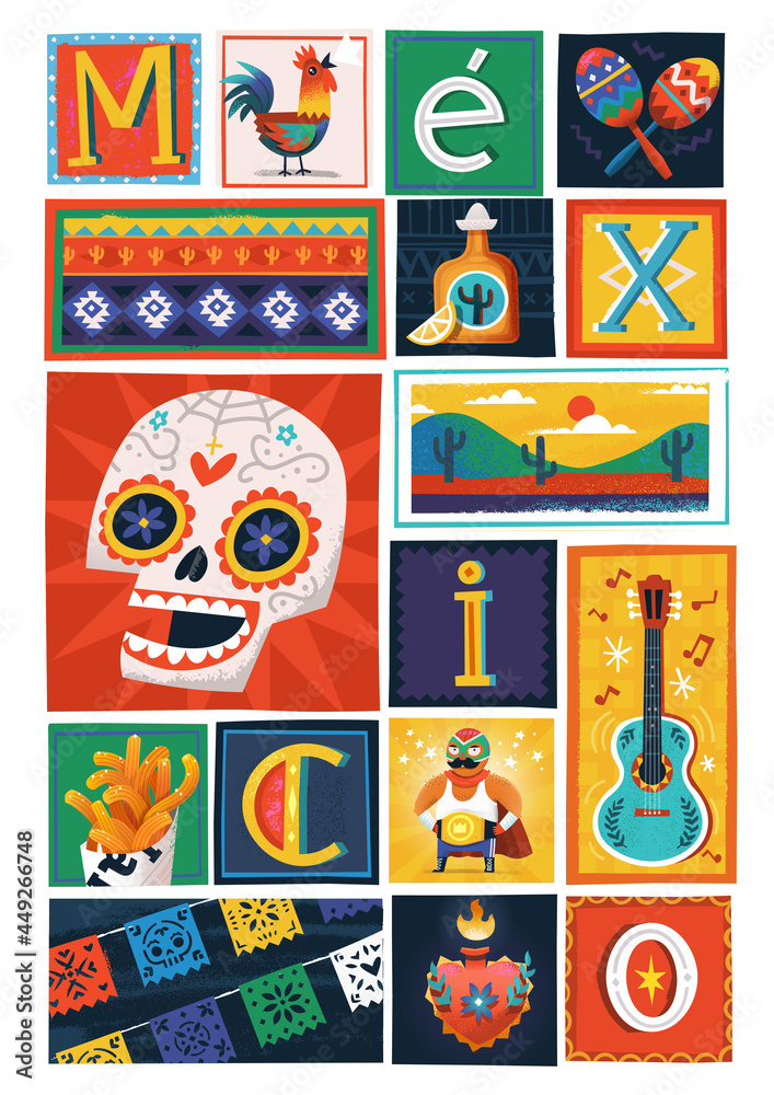 Colourful poster made of blocks with illustrations of Mexican elements and characters. Each element is an illustration by itself. Vector illustration.  