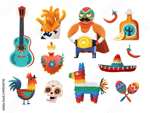 Set of stickers with Mexican characters, items and foods, sombrero hat and birthday piñata. Vector images for your cards and party invitations