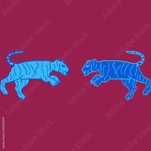 Blue tigers on burgundy background, wild cats illustration poster, card, vector