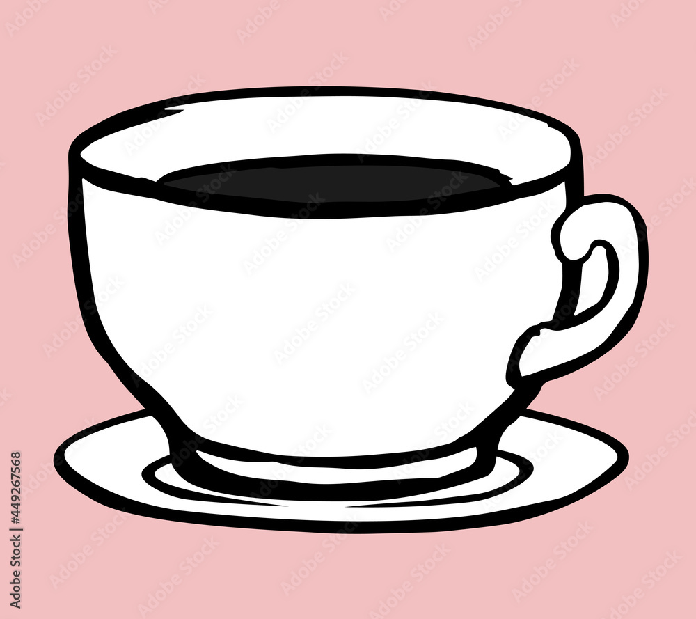 Coffee cup with saucer. Hand drawn black and white illustration. Coffee cup with saucer. Hand drawn black and white illustration.