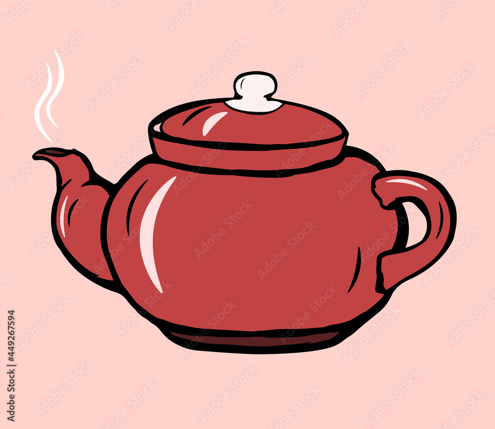 Retro-style red teapot with streams of steam. Hand drawn vector illustration. Retro-style red teapot with streams of steam. Hand drawn vector illustration.