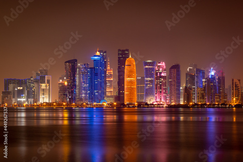 Illuminated skyline of Doha at night, Qatar, Middle East. © A. Emson