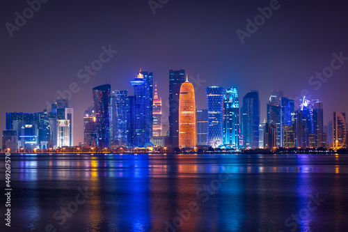Illuminated skyline of Doha at night, Qatar, Middle East. © A. Emson