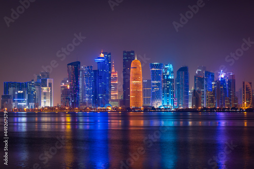 Illuminated skyline of Doha at night  Qatar  Middle East.