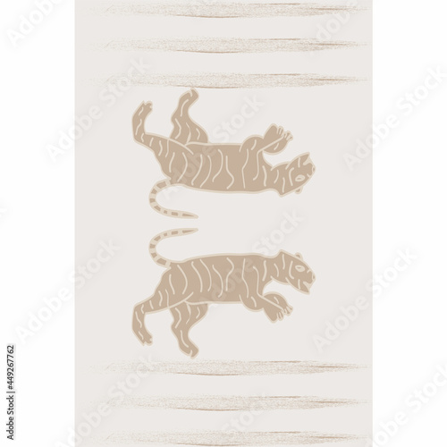Photography Tigers in light colors, beige poster with wild cats, card, vector