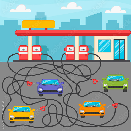 Labyrinth. Refueling of cars. A game for the development of logic for preschool children. Sheet for printing. Vector illustration
