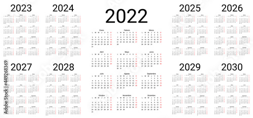 Spanish Calendar 2022, 2023, 2024, 2025, 2026, 2027, 2028, 2029, 2030 years. Simple pocket template. Vector illustration.