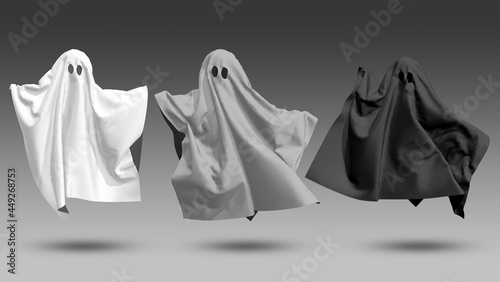 Three ghosts white gray black on a black background, 3d rendering