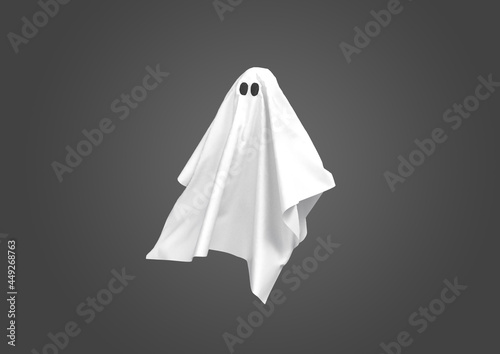 3d white ghost ghost floating from a sheet on a gray background, 3d render, 3d illustration