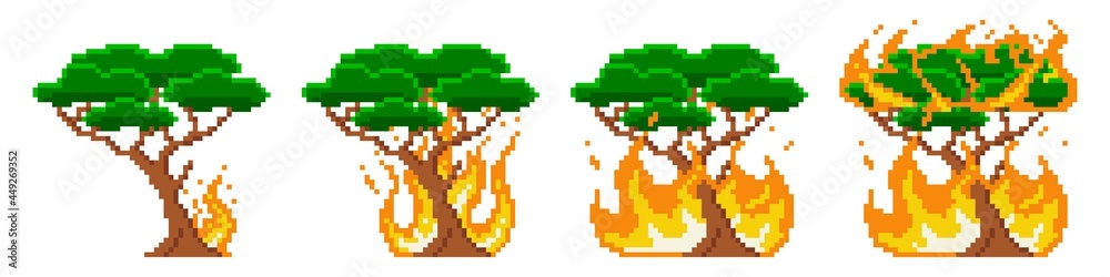 Fototapeta premium Pixel tree combustion fire stage. Fire is gradually engulfing green large tree. Initial small flame grows into huge vector inferno