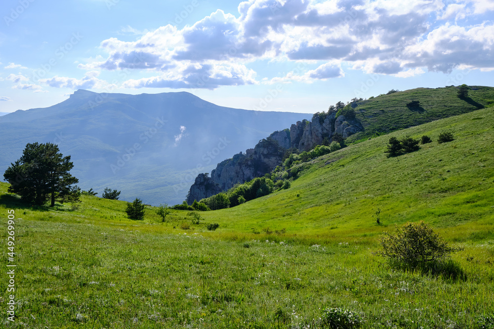 Bright green meadow at the top of South Demerdzhi mountain, Crimea.