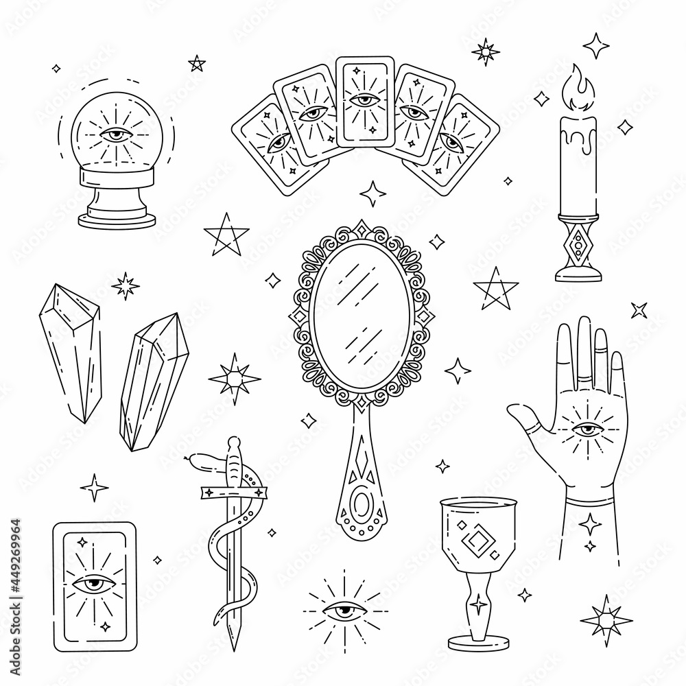 Set of magic symbols, witch tattoos, tarot cards. Crystal ball, tarot cards, candle, hand with eye, mirror, sword and snake, goblet and stars. linear boho design, modern Stock-vektor