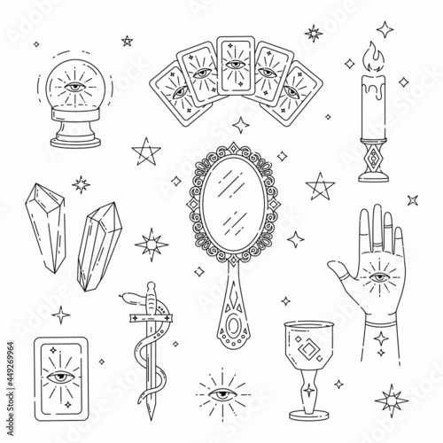 Set of magic symbols, witch tattoos, prediction, tarot cards. Crystal ball, tarot cards, candle, hand with eye, mirror, sword and snake, goblet and stars.  Black linear vector, boho design, modern 