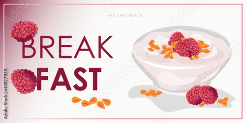 Promo banner with yoghurt and fruits. Healthy eating, nutrition, diet, cooking, breakfast menu, fresh food concept. Vector illustration for banner, flyer, poster.