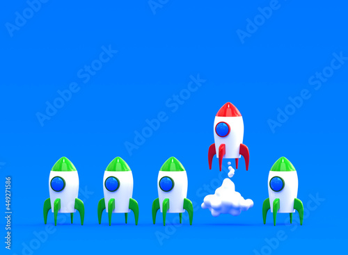 Red rocket takes off into the sky, green spaceships are standing nearby. Business leadership concept. 3d rendering