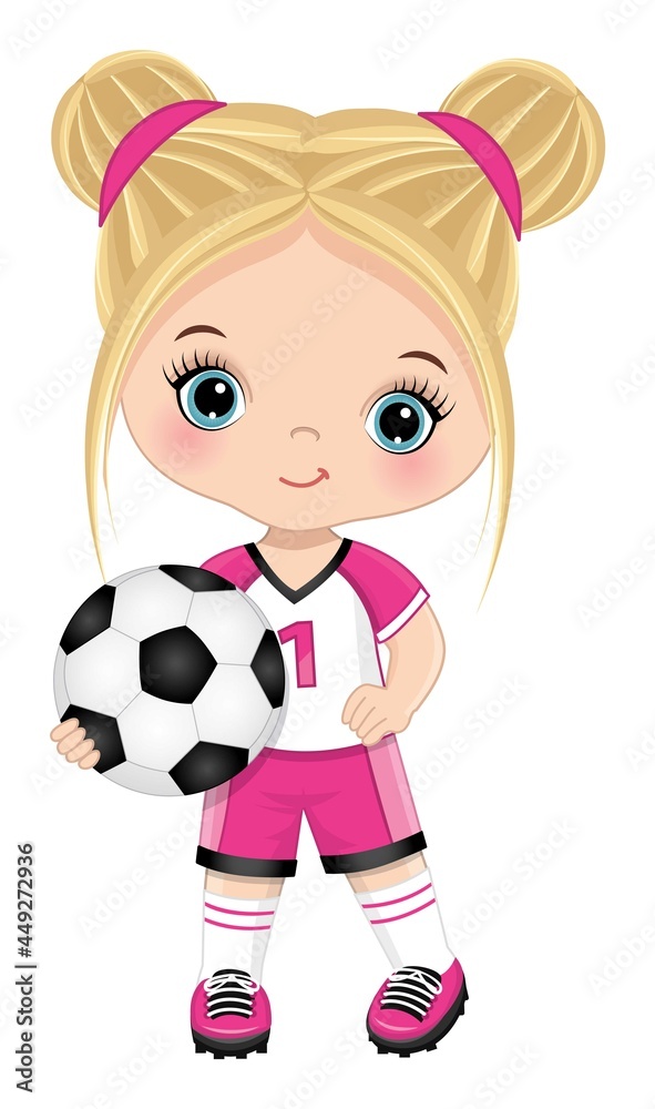 Cute Little Blond Girl Holding Soccer Ball. Vector Girl with Football Ball