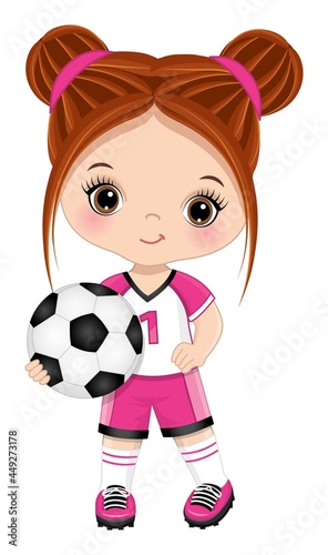 Cute Little Redheaded Girl Holding Soccer Ball. Vector Girl with Football Ball