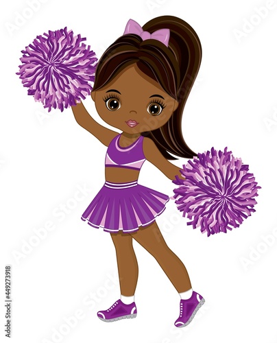 Cute African American Cheerleader Dancing with Pom Poms. Vector Black Cheerleader 