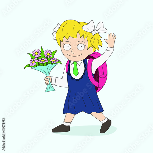 Joyful schoolgirl goes to school after vacation. Vector picture