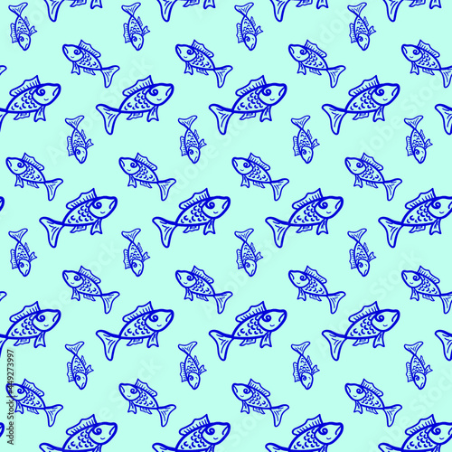 Geometric seamless vector texture of two colors with fishes