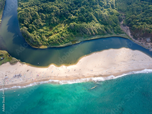 Aerial view of beach at the mouth of the Veleka River, Bulgaria photo