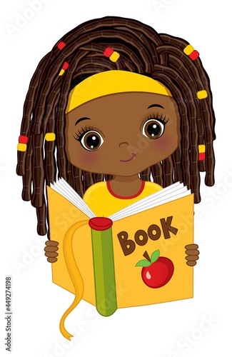 Cute African American Girl Reading Book. Vector Little Girl with Book