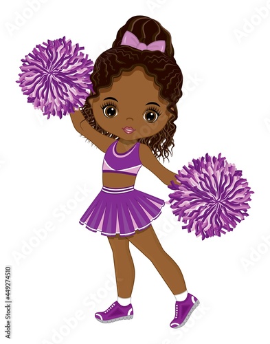 Cute African American Cheerleader Dancing with Pom Poms. Vector Black Cheerleader 