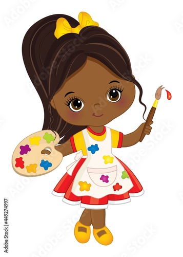 Little Black Girl Holding Palette and Paint Brush. Vector Little Artist