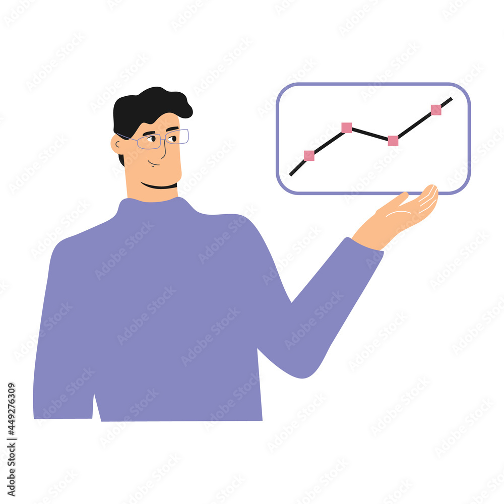 Vector illustration of young man with glasses in blue sweater showing an indicator growth graph Vector illustration of young man with glasses in blue sweater showing an indicator growth graph