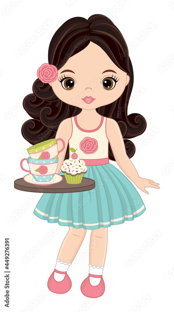 Vector Beautiful Young Girl Holding Tray with Tea Cups and Cupcake Vector Beautiful Young Girl Holding Tray with Tea Cups and Cupcake
