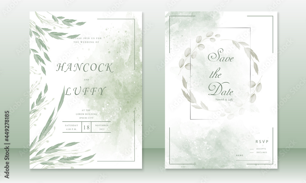 Elegant wedding invitation card template. Beautiful with watercolor texture background and green leaves
