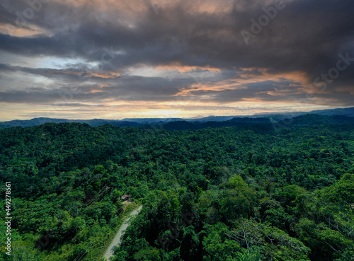 Aerial panorama of a dirt road hidden by tropical forest with a dark sky during sunset