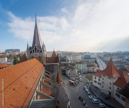 Aerial views of Lausanne and Lausanne Cathedral - Lausanne, Switzerland