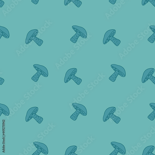Nature fall seamless pattern in blue pastel tones with simple Leccinum scabrum mushroom ornament.