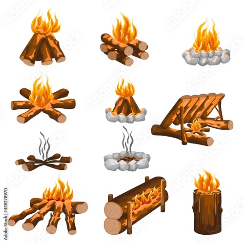 Set campfire isolated in flat style on white background. Different kind campfire hiking, wooden fire, stone fireplace.