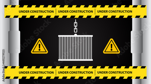 Under construction website page with black and yellow striped borders vector illustration.