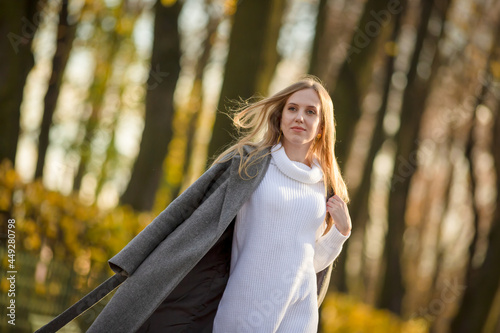 Pretty woman with light brown hair. Portrait of a beautiful woman in an elegant gray coat. Young woman walks in the autumn park.