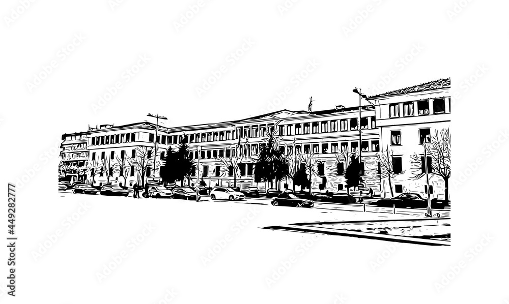 Building view with landmark of Ioannina is the 
city in Greece. Hand drawn sketch illustration in vector.