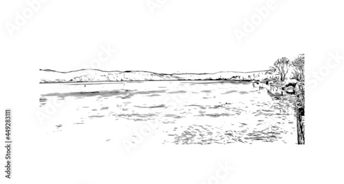 Building view with landmark of Ioannina is the 
city in Greece. Hand drawn sketch illustration in vector.