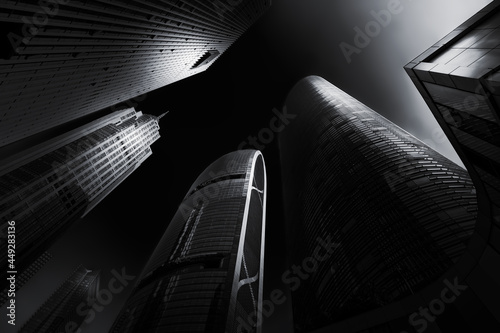 Guangzhou city, Guangdong, China: modern architectural shapes of Zhujiang New Town and International Finance Centre in monochrome, abstract style.