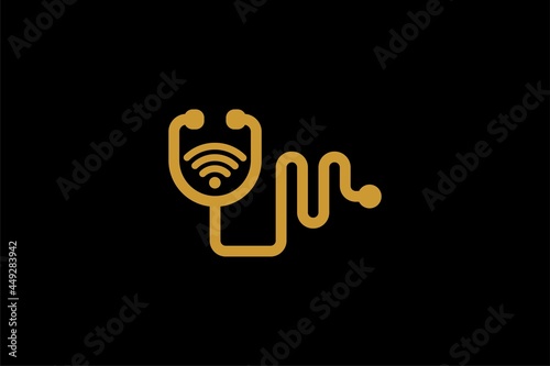 Doctor online virtual services logo design vector. Consultation to doctors via digital remote illustration symbol. Telemedicine service vector logo. Stethoscope and signal vector icons.