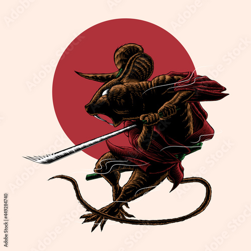 cartoon samurai rat with an engraved line art vintage style illustration ,for those of you who like funny,scary,and artistic images.suitable for posters and t-shirt design