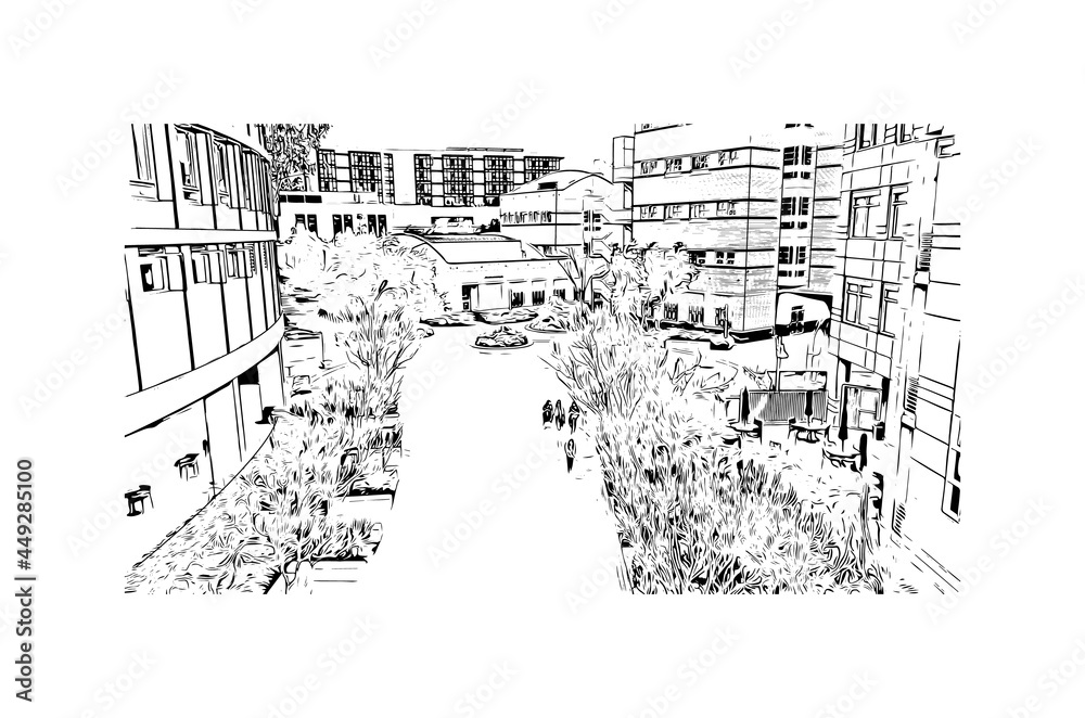 Obraz premium Building view with landmark of Irvine is the city in California. Hand drawn sketch illustration in vector.