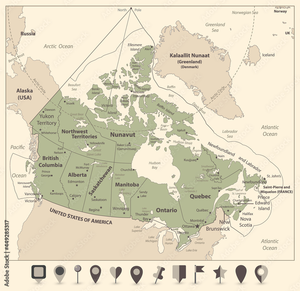 Fototapeta premium Canada Map Olive Color and flat map icons