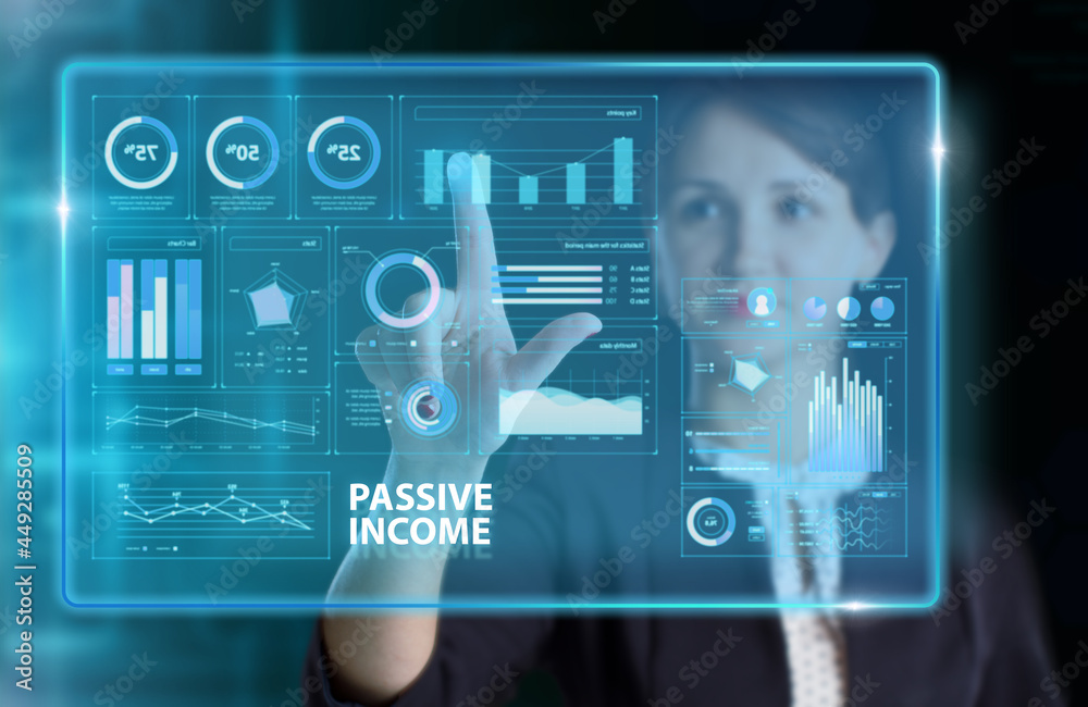 Fototapeta premium Business, Technology, Internet and network concept. Young businessman working on a virtual screen of the future and sees the inscription: Passive income