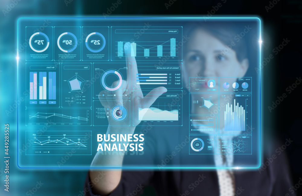 Fototapeta premium Business, Technology, Internet and network concept. Young businessman working on a virtual screen of the future and sees the inscription: Business analysis