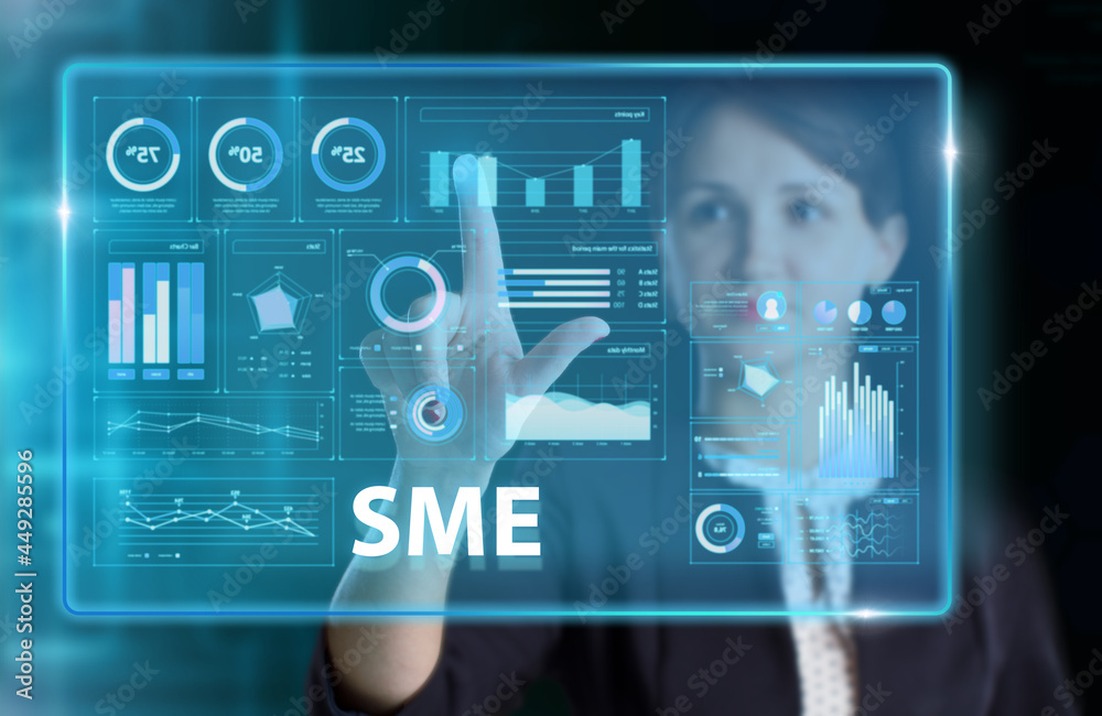 Business, Technology, Internet and network concept. Young businessman working on a virtual screen of the future and sees the inscription: SME